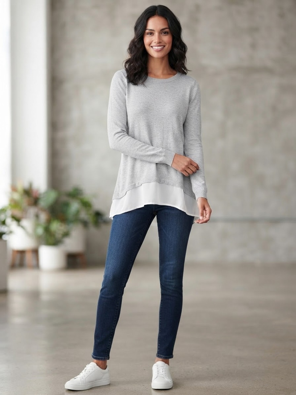 torrid Light Gray Layered Hem Long Sleeve Pullover